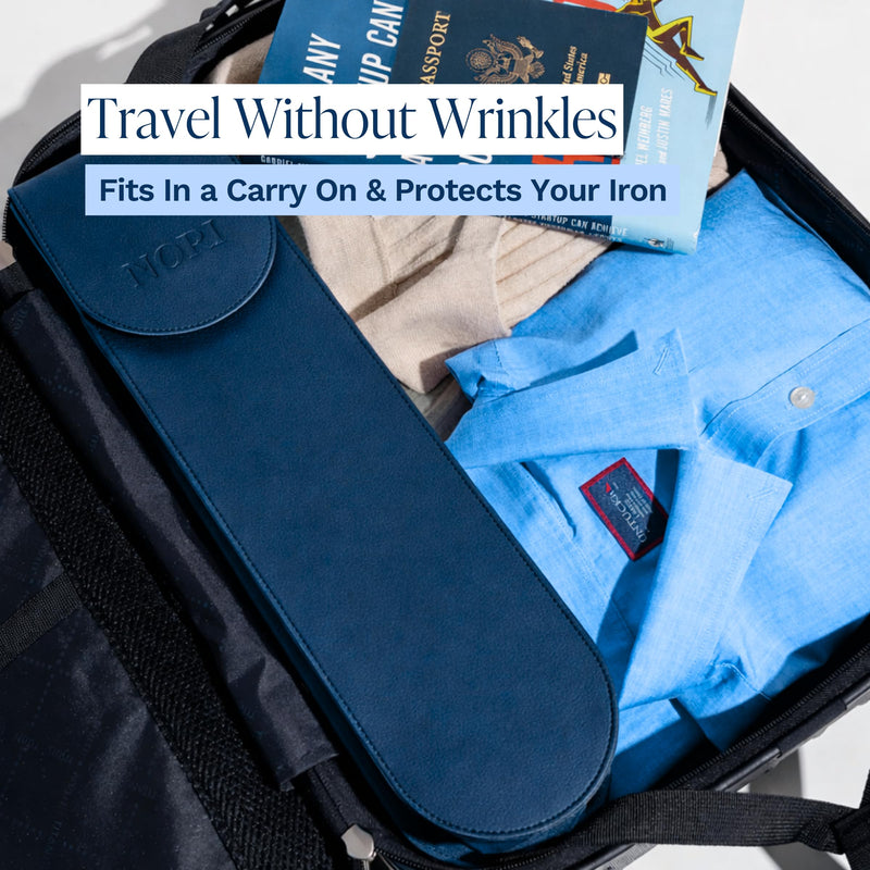 NORI Press Iron Steamer Travel Case - Leather Heat Protectant Bag - Navy | Heat protectant lining, storage case for Nori iron, magnetic snap closure, 16.5 x 3.75 x 2.5 in