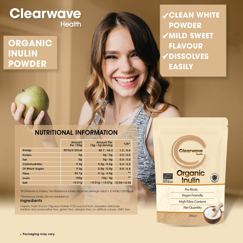 Organic Inulin Powder | 250g | Prebiotic Fiber Powder Supplement | Soluble Fibre Powder for Gut Health & Digestion | by Clearwave Health