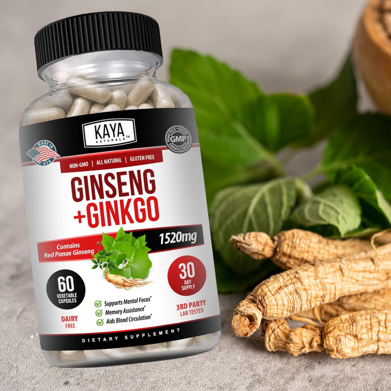 [Australia] - Kaya Naturals Red Panax Ginseng + Ginkgo Biloba | Nootropic Brain Supplement | Cognitive and Concentration Support | Brain Booster, Focus, and Memory Supplement | 60 Capsules 60 Count (Pack of 1) 