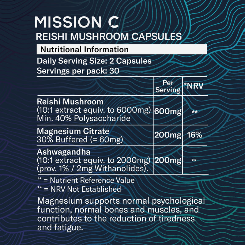 Reishi Mushroom Capsules 6000mg with Added Magnesium and Ashwagandha | Nootropic Supplement for Sleep, Relaxation, Calm | 60 Two-a-Day Vegan Capsules - Mission C Reishi, Vegan