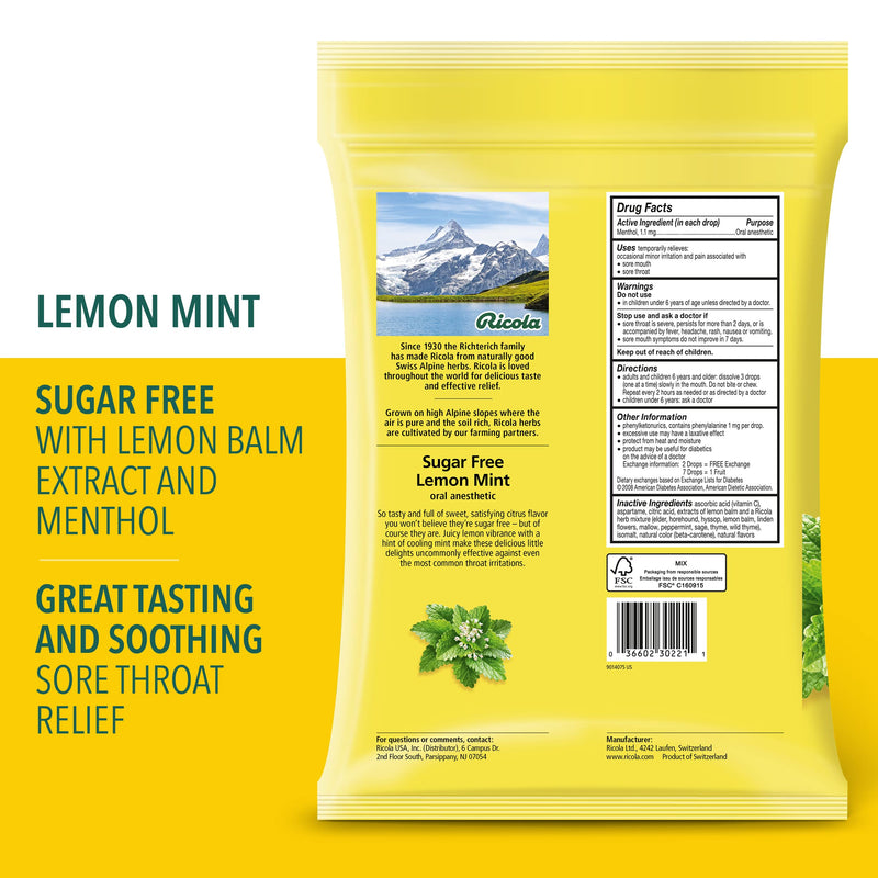 [Australia] - Ricola Sugar Free Lemon Mint Herbal Cough Suppressant Throat Drops, 105ct Bag Medication 