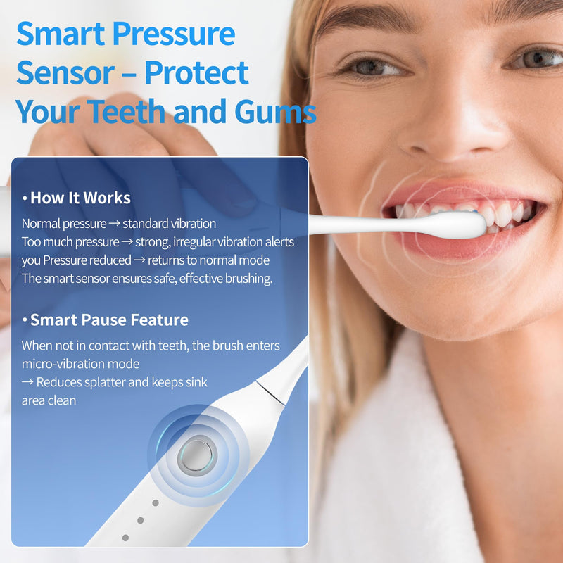 Sonic Vibrating Toothbrush with Pressure Sensor, Rechargeable Tooth Brush with 8 Brush Heads, 3 Modes, 33000VPM, 2-Min Timer, One Charge Lasts for 30 Days, 3D Rounded Soft Bristles, IPX7 Waterproof 946-white