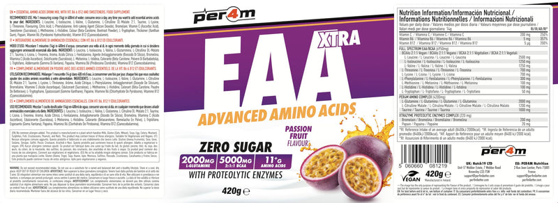 Per4m EAA Xtra/Amino Xtra | 30 Servings of Full Spectrum EAA with Proteolytic Enzymes | Vegan Friendly | Zero Sugar Amino Acid (420g, Passionfruit)
