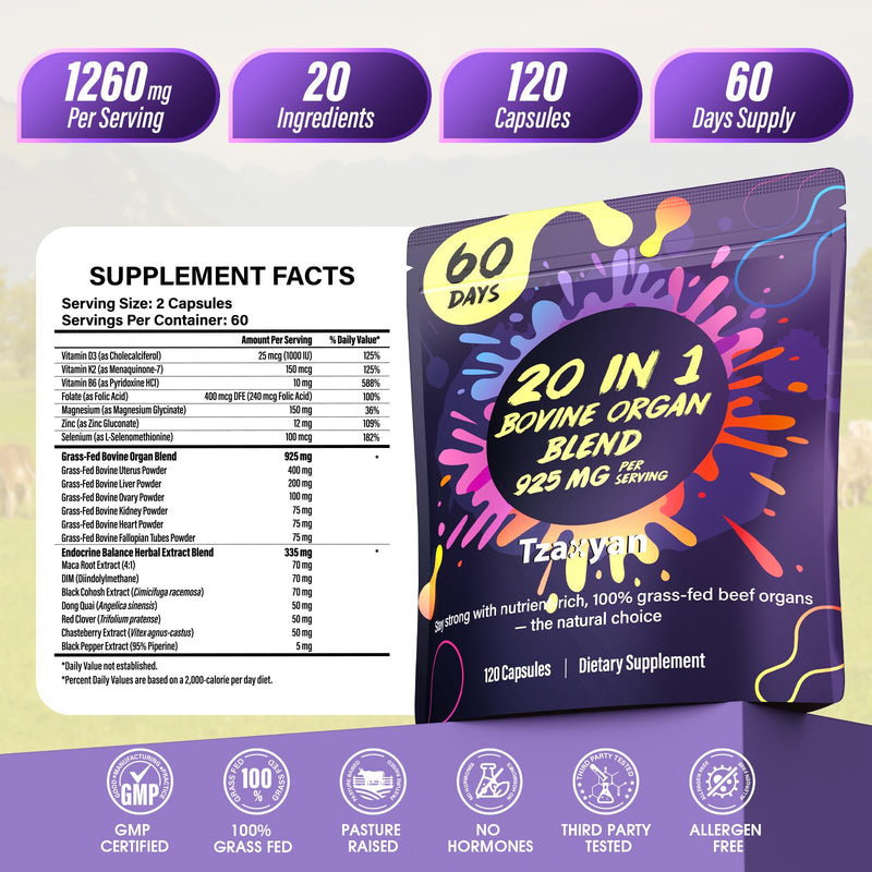 [Australia] - 20-In-1 Beef Organ Supplement for Women, 925MG Grass Fed Beef Liver, Uterus, Ovary & 3 more with Maca, DIM, Black Cohosh, Vitamin & Mineral, Bovine organ Capsules for Hormone Balance, Energy, 60 Days 120 Count (Pack of 1) 