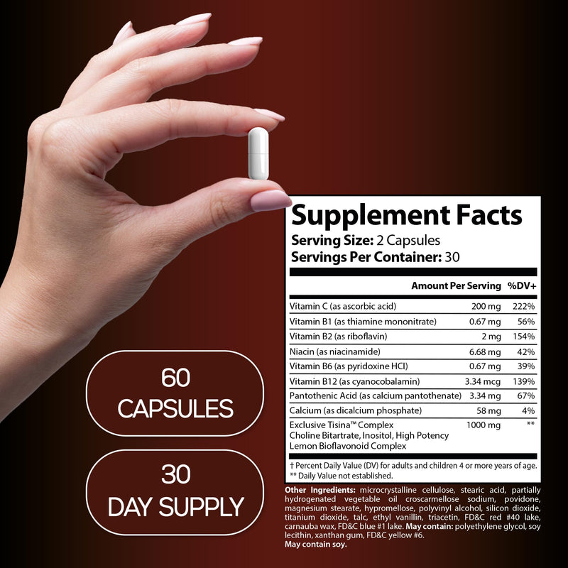 Tinnitus Relief Support Complex | Vitamin C, B-Complex, Calcium & Herbal Blend | Daily Nutritional Supplement for Auditory Wellness & Nerve Support | 60 Capsules – 30 Day Supply