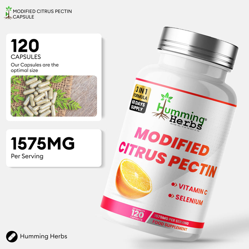 Humming Herbs Modified Citrus Pectin 1500 mg per Serving with Vitamin C & Selenium | 120 Vegan Capsules | 60 Day Supply