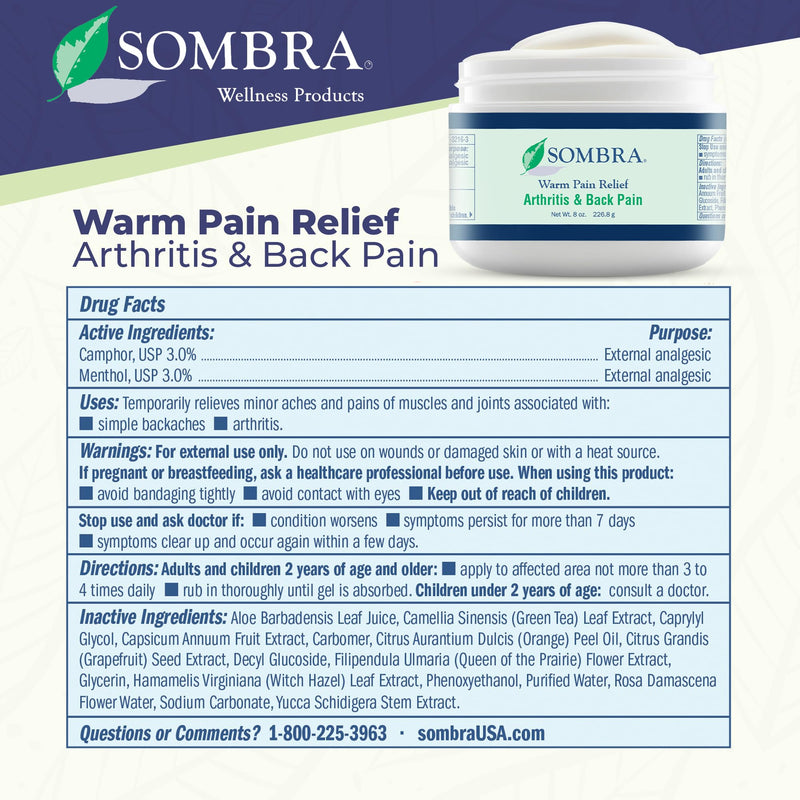 [Australia] - Sombra Warm Pain Relief Gel, Warm Relief for Arthritis and Chronic Pain Pre-Workout Muscle Rub Vegan Formula Free of Artificial Fragrances, Dyes, NSAIDs, Wax, Petroleum, Alcohol - 8oz Jar 8 Ounce (Pack of 1) 