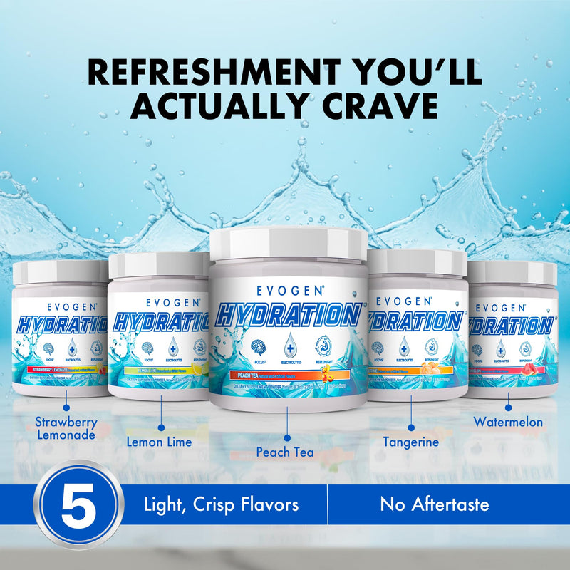 Evogen Hydration Sugar-Free Electrolytes | Peach Tea | 30 Servings | Potassium, magnesium, sodium, calcium and coconut water with citicoline, taurine and B vitamins for energy and focus Tub