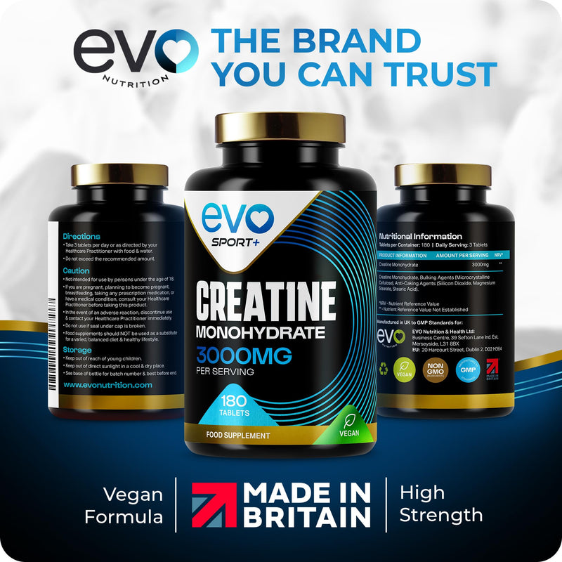 EVO NUTRITION Creatine Monohydrate Tablets 3000mg - 180 Creatine Tablets | Unflavoured Gym Supplement & Powder Alternative for Men & Women | Muscle Mass & Exercise Recovery | Vegan, Keto & Made in UK
