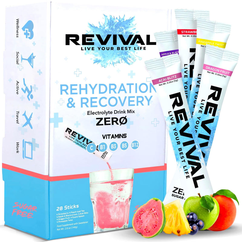 Revival Zero Rehydration Electrolytes Powder - Sugar Free Hydration Sachet Drink with Vitamins C, B1, B3, B5, B12-28 Pack Assorted Flavours 28 Servings (Pack of 1)