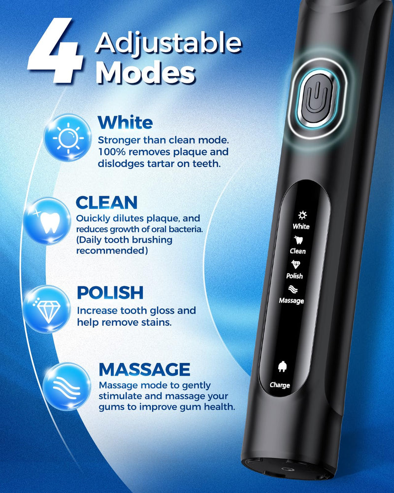 [Australia] - Rotating Electric Toothbrush for Adults with 8 Brush Heads (2 Types), 4 Modes Deep Clean Electric Toothbrush with Rechargeable Power and 2 Min Smart Timer, Fast Charge (Black) Black 