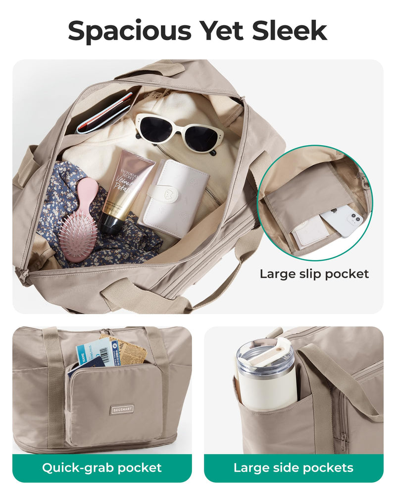BAGSMART Foldable Travel Bag, 37L Expandable Personal Item Bag, Camel | Airline Approved Personal Carry-on Size, Fits Under-seat, Trolley Sleeve, Backup Bag for Travel, Vacation, Overnight