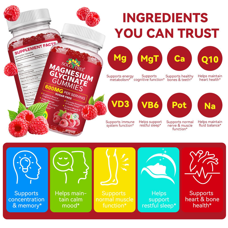 Magnesium Glycinate Gummies 600mg – Sugar-Free High Absorption, Supports Relaxation, Calm & Restful Sleep, with Vitamin B6 & D3 – 120 Berry-Flavor Gummies