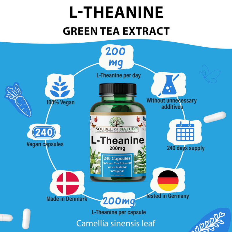 L-Theanine 200 mg – 240 Vegan Capsules – High Strength Amino Acid from Green Tea | 8-Month Supply | 98% Pure, No Additives | Danish Made