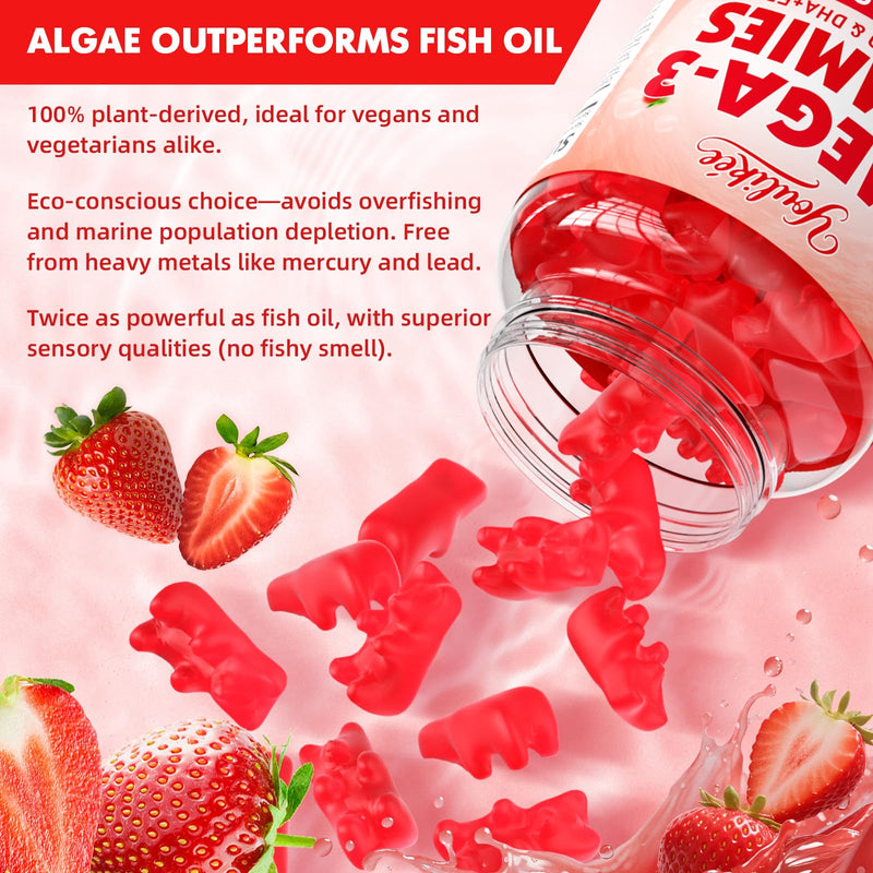 Vegan Omega-3 Gummies, Strawberry Flavor, 60 Count 60 Count (Pack of 1)
