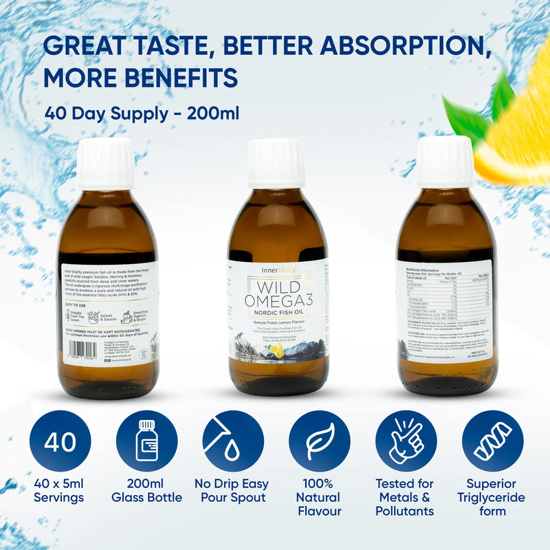 Omega 3 Fish Oil Liquid - Natural Fresh Lemon Flavour with NO Fishy Taste, High Strength DHA/EPA - 200ml Made from Wild Caught Nordic Fish Oil | 3rd Party Tested for Purity - Inner Vitality 200 ml (Pack of 1)