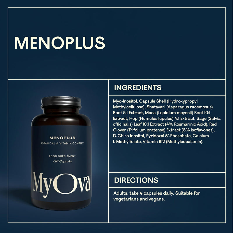 MyOva MenoPlus - The First Menopause Supplement for Women with PCOS - 2000mg Myo-Inositol, 400ug Folic Acid, 10mg Vitamin B6 and 250ug Vitamin B12-120 Vegan Capsules - UK Manufactured