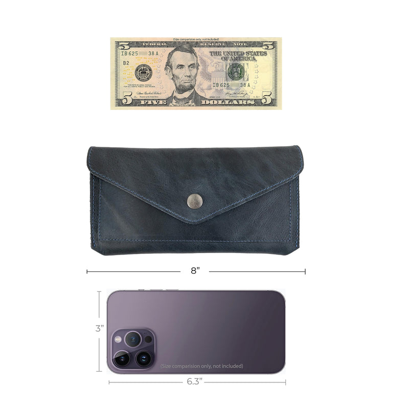 Hide & Drink, Full Grain Leather Large Female Wallet, Travel Organizer for Women, Vintage Money and Card Holder, Handmade, Slate Blue