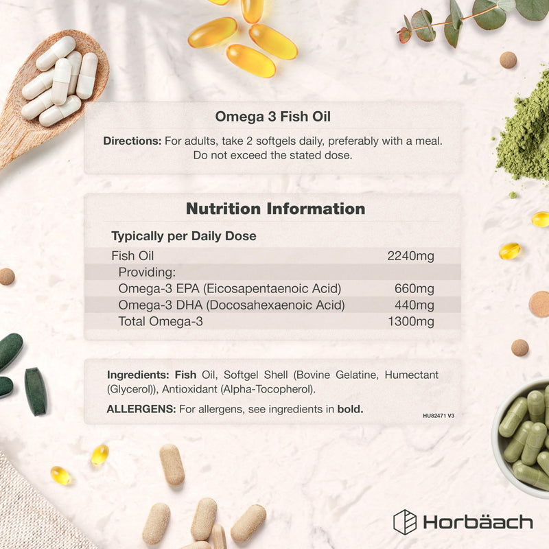 Omega 3 Capsules High Strength 2240mg with 660mg of EPA and 440mg of DHA | 120 Softgels | Natural Source of Omega 3 Fish Oil | By Horbaach