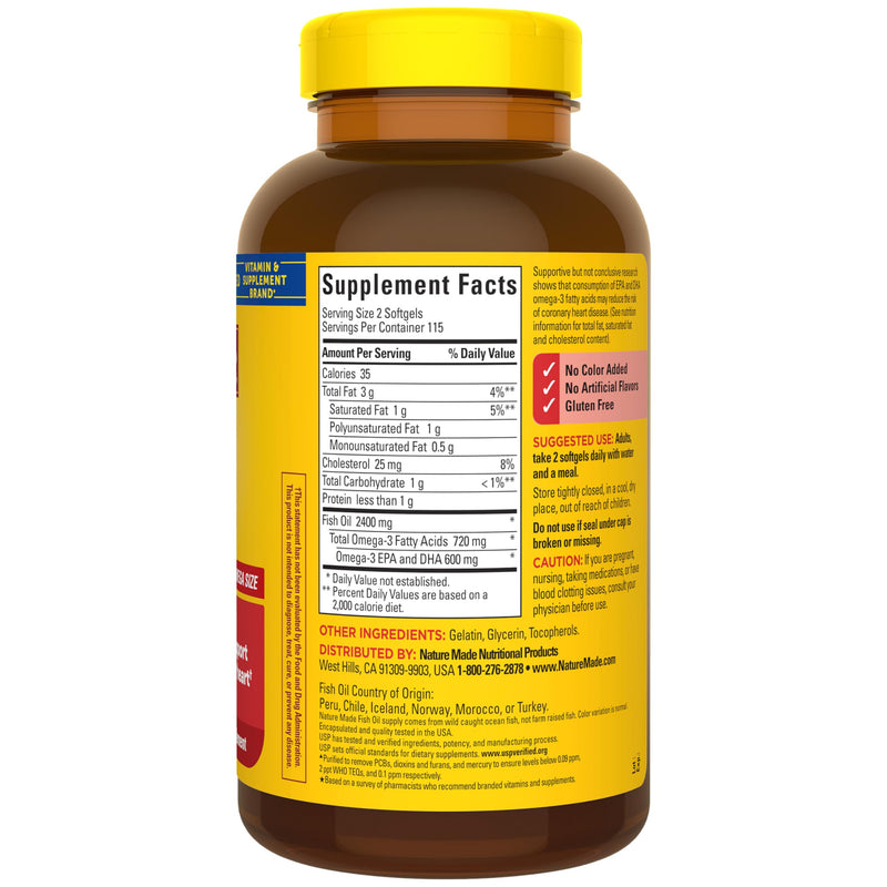 Nature Made Fish Oil Omega 3 Supplements, 1200 mg Softgels, 230 Softgels | Omega 3 Fish Oil for Healthy Heart Support, Gluten Free, Dairy Free, 115 Day Supply 230 Count (Pack of 1)
