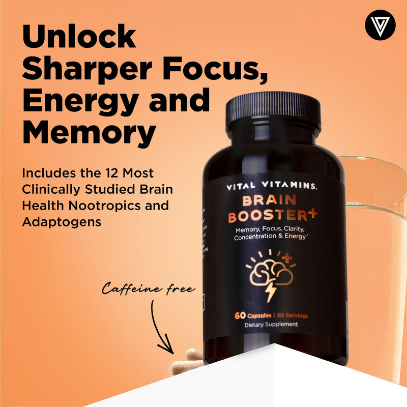 Vital Vitamins Brain Booster Plus for Memory, Focus & Clarity | Five Nootropic Blends with Lion's Mane Mushrooms, Ginkgo & Rhodiola, Vegan, 60 Capsules 60 Count (Pack of 1)