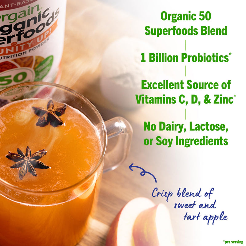 Orgain Greens + Superfoods Immunity Up Powder, Honeycrisp Apple, 0.62lb | Organic greens + 50 superfoods powder, probiotics, vitamin C, D, & zinc, apple cider vinegar, ashwagandha, for immune support 9.9 Ounce (Pack of 1)