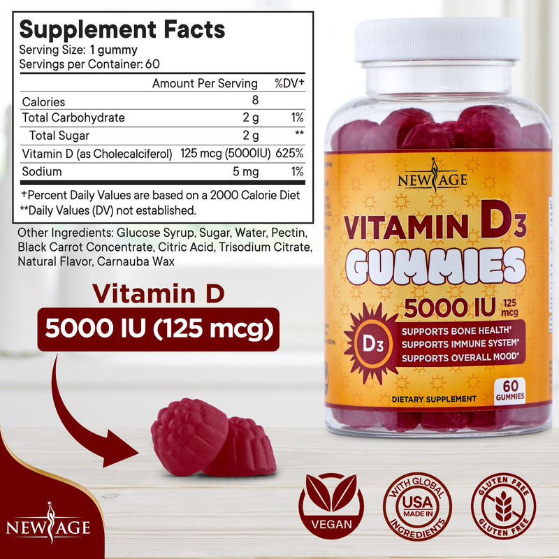NEW AGE Vitamin D3 5000 IU 125mcg Gummies - Immune Supplement - Non-GMO, Gluten-Free, Dairy-Free, No Gelatin (120 Gummies (Pack of 2)) 120 Gummies (Pack of 2)
