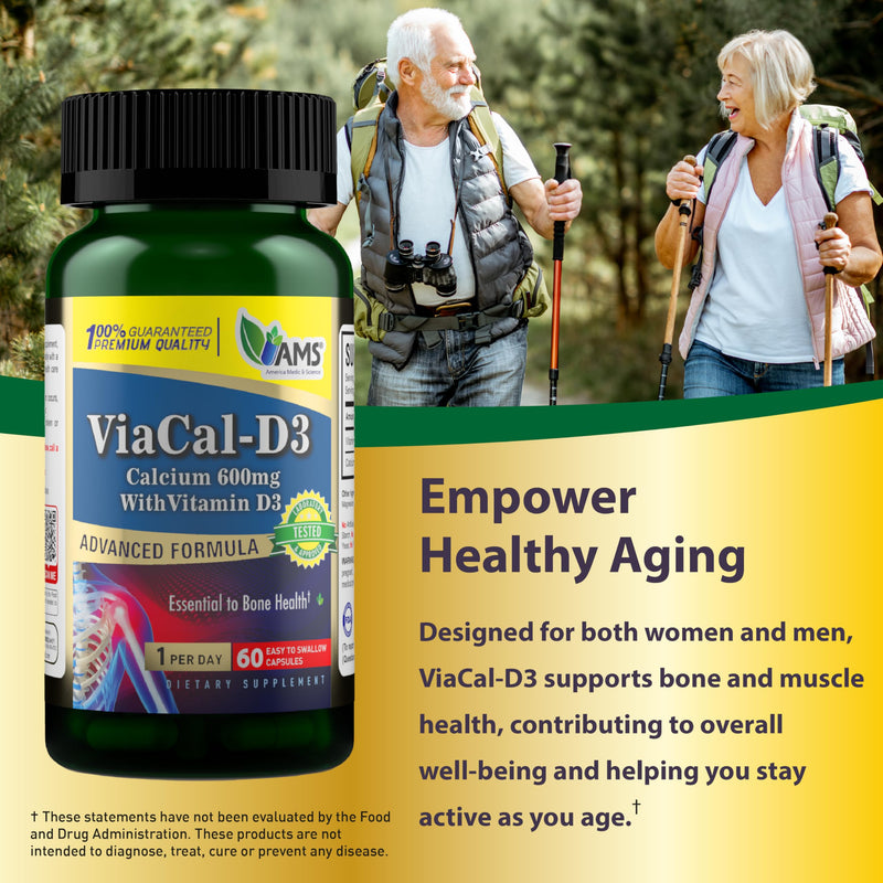 America Medic & Science ViaCal-D3 – Calcium 600mg with Vitamin D3 – Supports Bone Strength, Muscle Function & Mobility – Helps Maintain Healthy Calcium Levels for Overall Wellness – 60 Capsules