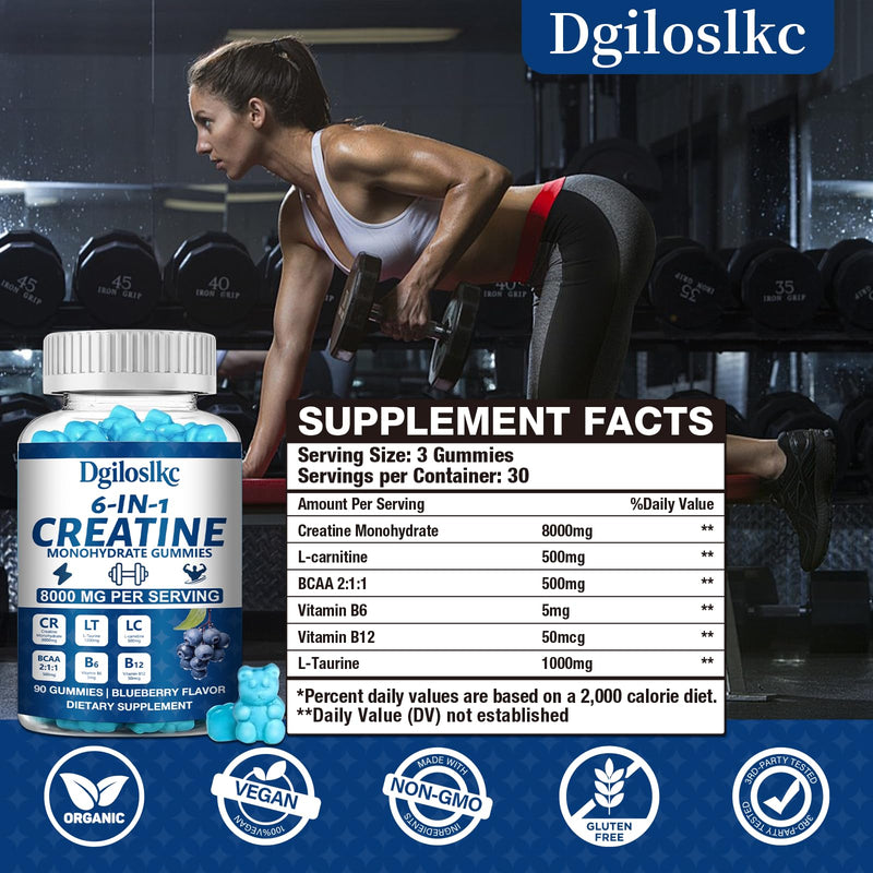 1 Pack 8000MG Creatine Monohydrate Gummies with 500mg BCAAs for Men & Women, L-Taurine, Vitamin B6 12, Workout Gym Support for Performance and Muscle Power, Powder Tablets Blueberry, 90ct