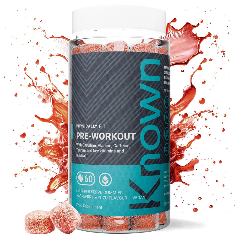 [Australia] - Known Delicious Pre-Workout Gummies – 80mg Caffeine, B Vitamins – Natural Raspberry & Yuzu Flavor – 60 Vegan Gummies, 15 Servings 