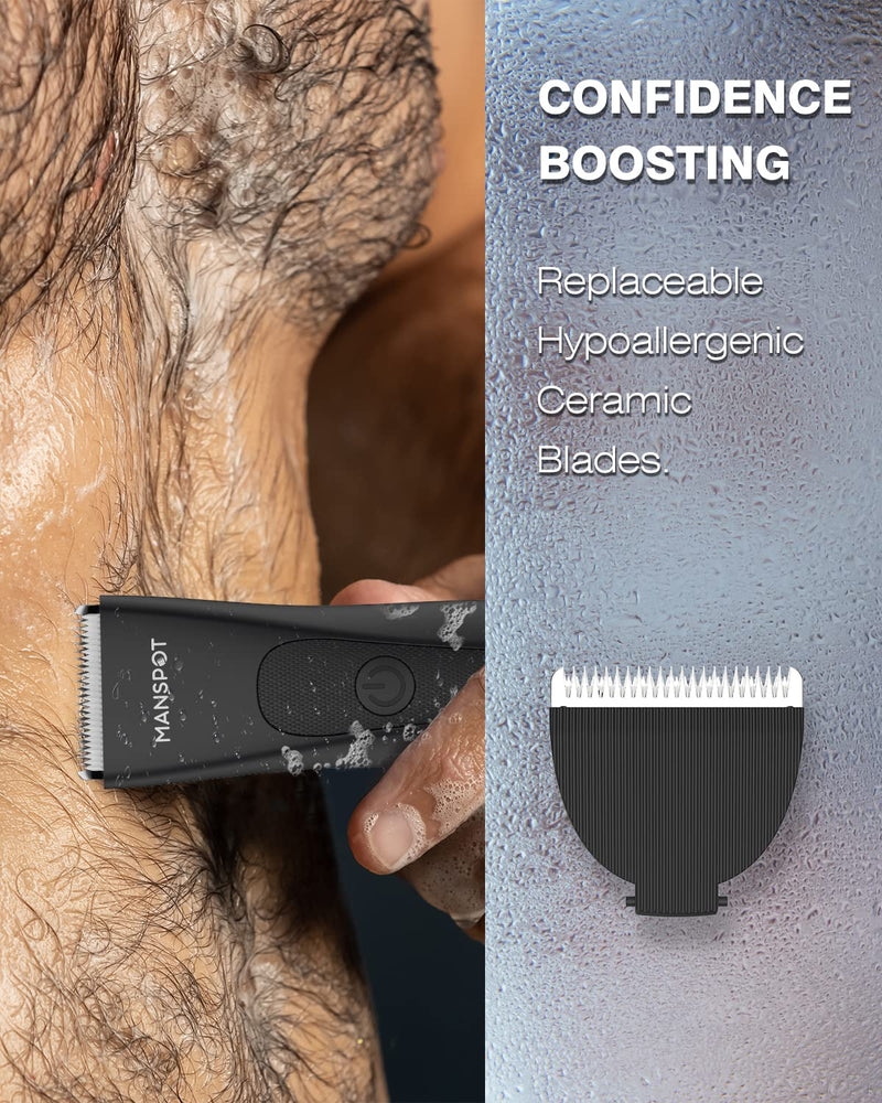[Australia] - MANSPOT Manscape Groin & Body Hair Trimmer for Men, Electric Ball Trimmer Pubic Trimmer Body Shaver, Replaceable Ceramic Blade Heads,Waterproof Wet/Dry Body Shaver Groomer,90 Minutes Shaving Black 