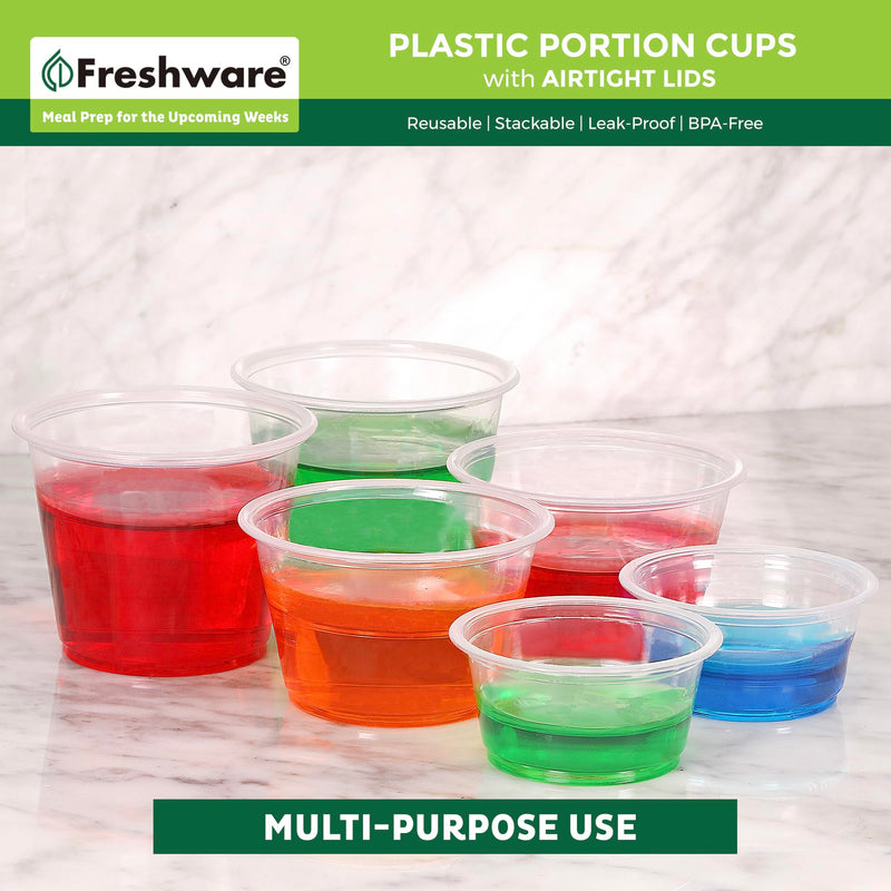 [Australia] - Freshware Plastic Portion Cups with Lids [2 Ounce, 100 Sets] Disposable Plastic Cups for Meal Prep, Salad Dressing, Jellos Shot Cups, Souffle Cups, Condiment and Dipping Sauce Cups 2 oz - 100 sets 