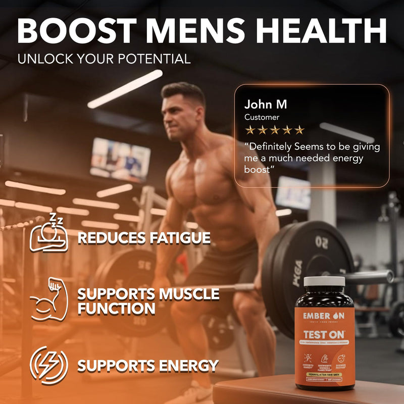 EMBER ON Test On Supplement for Men | High Strength Booster Supplements | 10-in-1 Magnesium Zinc Ashwagandha Boron Fenugreek VitD3 VitB6 VitK2 & Panax Ginseng | 180 Vegan Capsules | UK Made