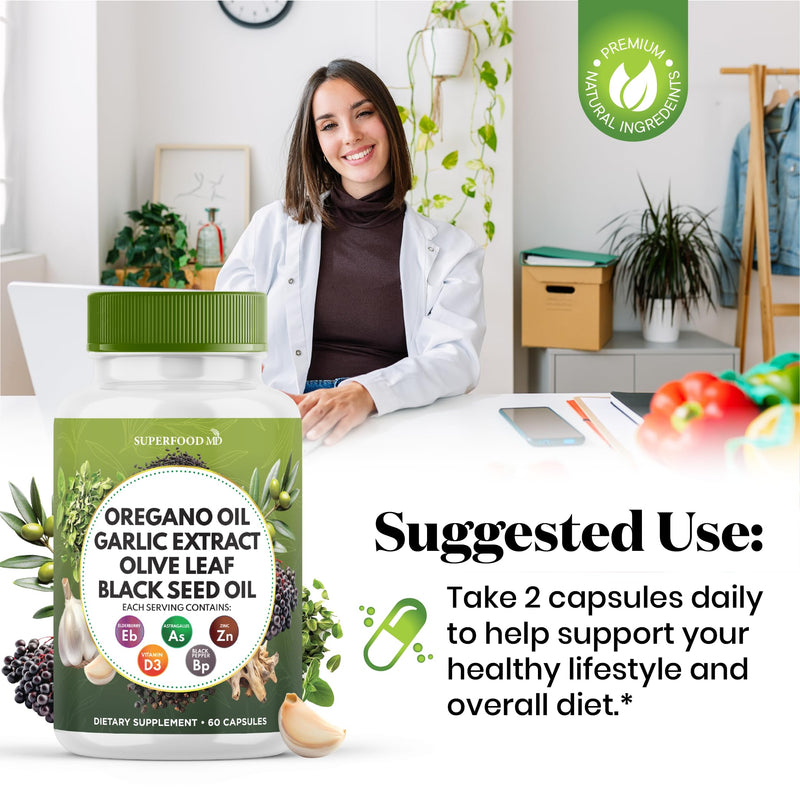 [Australia] - Superfood MD Oregano Oil Garlic Extract Olive Leaf Black Seed Oil Astragalus- for Women and Men- 60 Count 60 Capsules (Pack of 1) 