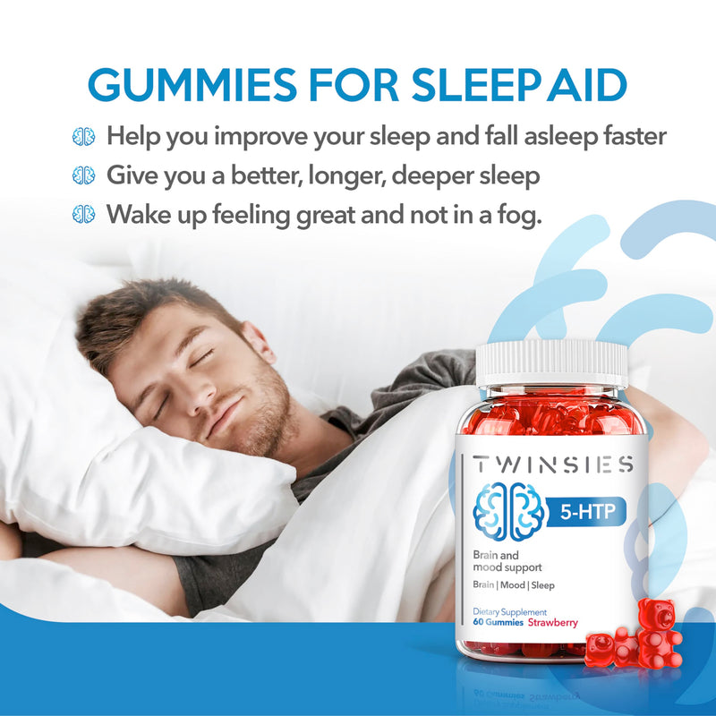 [Australia] - 5-HTP Gummies 200mg with L-Tryptophan Supplement for Brain, Mood Stabilizer and Sleep Support, 60 Strawberry Gummies (Strawberry) 