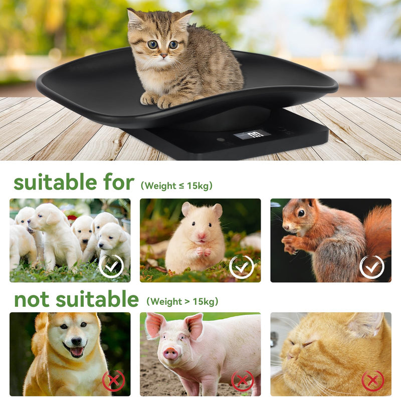 [Australia] - Digital Pet Scale for Small Animal, LED Display Puppy Whelping Scale with Tape Measure, Collar, Scissors for Newborn Pets, Cats, Dogs, Animals, Measures Up to 15kg, 11.4 * 7.1" (Black) Black 