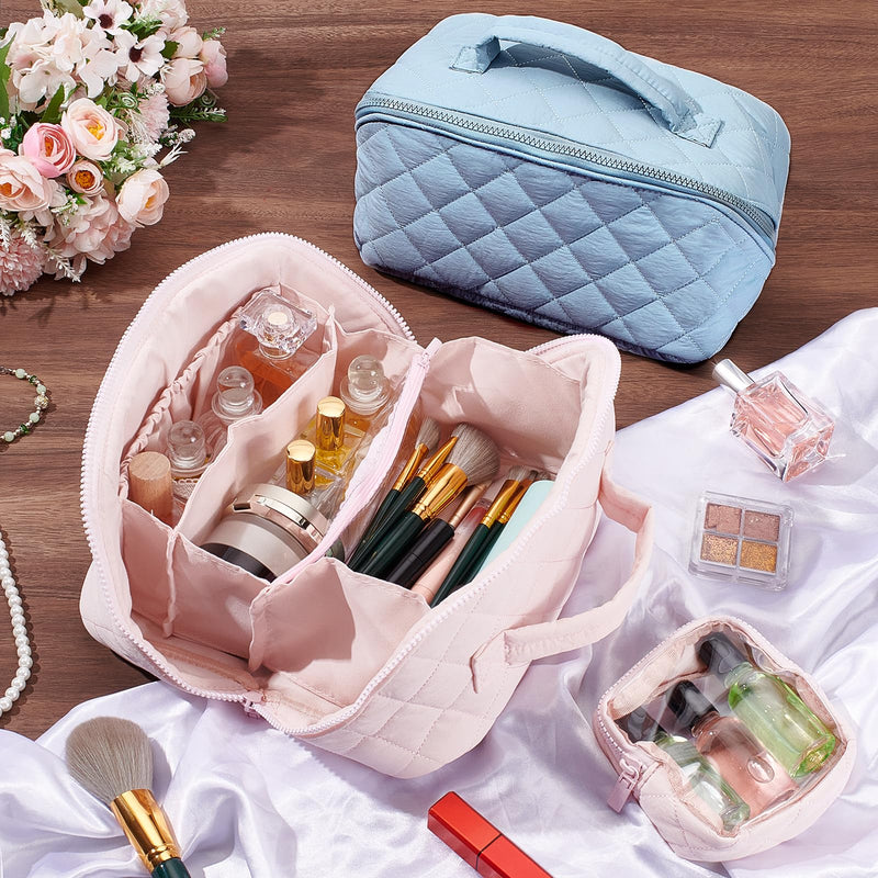 2Pcs Travel Makeup Bag, 2 Polyester Zipper Toiletry Bag with 2 Clear Pouches Large Capacity Cosmetic Organizer for Travel with Handle (Misty Rose, Light Sky Blue) Misty Rose, Light Sky Blue