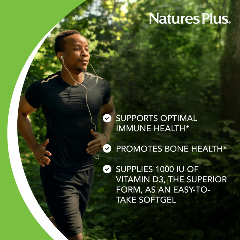 NaturesPlus Vitamin D3 1,000 IU 180 Softgels Capsules - Active Vitamin D Supplement - Immune Support, Bones, Muscle, Teeth, Calcium Absorption - Easy to Swallow, Gluten Free - 3 Months Supply