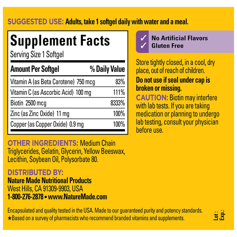 [Australia] - Nature Made Hair Skin and Nails with Biotin 2500 mcg, Dietary Supplement For Healthy Hair Skin and Nails Support, 120 Softgels, 120 Day Supply 1 Count (Pack of 120) 