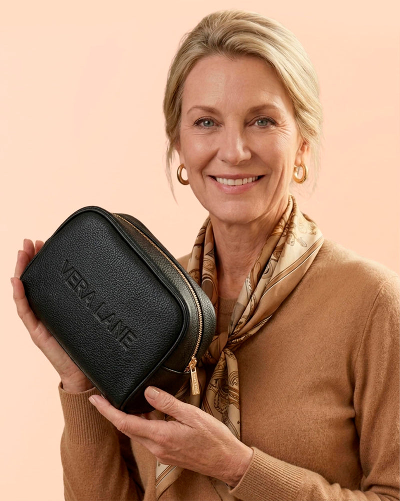 Travel Makeup Bag for Women Black - Made from Vegan Leather (7" x 5" x 2.3")