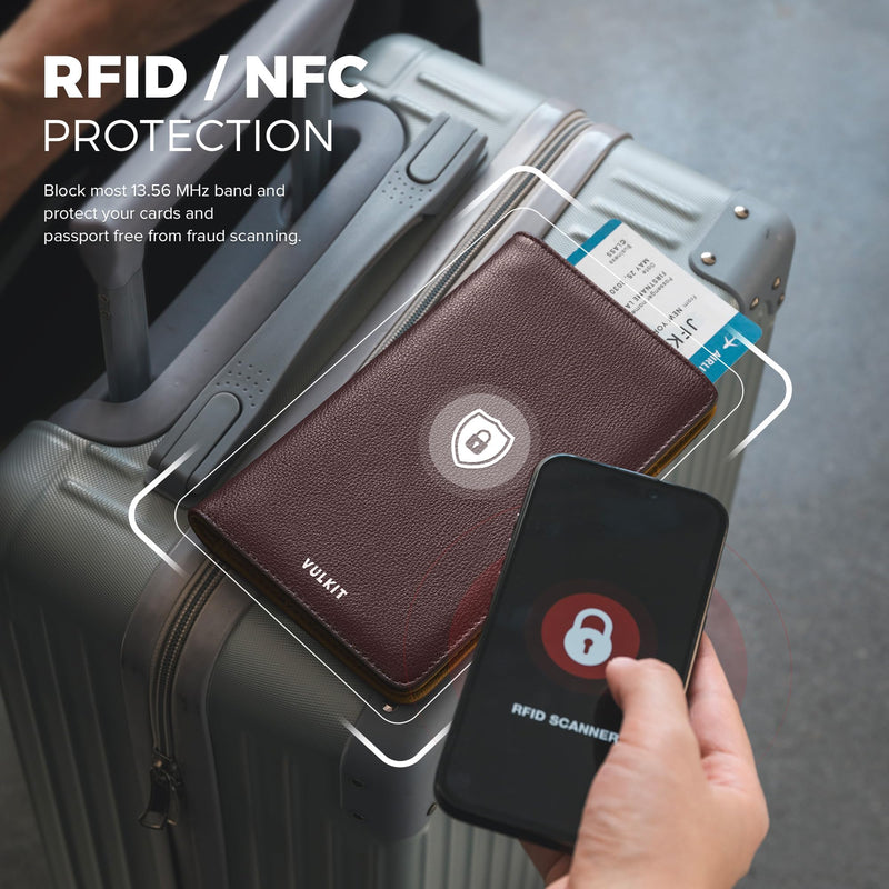 VULKIT Passport Wallet for Travel RFID Blocking Premium Leather | Long Size Travel Wallet for Passport, Cash, Cards, Boarding Pass Top Grain Wine