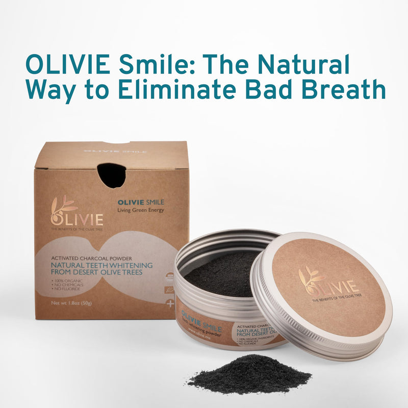 Organic Activated Charcoal Powder for Teeth Whitening by Olivie Smile, Natural Toothpaste Alternative, Desert Olive Tree Charcoal, Fluoride and Chemical Free 1.8 oz
