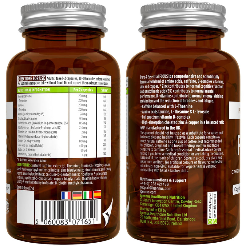 Igennus Focus - Nootropic Brain Supplement for Concentration with Methylated B-Vitamins, Taurine, L-Tyrosine, L-Theanine & 200mg Caffeine, Zinc and Copper, 60 Capsules