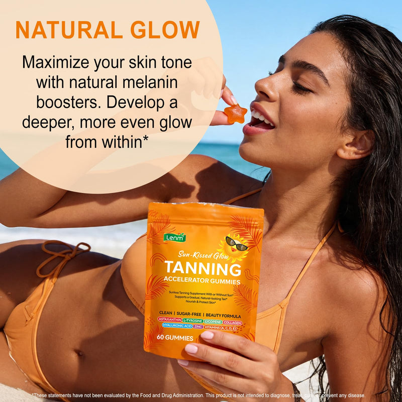 Tanning Gummies with Astaxanthin for Women and Men,Sunless Tanning Supplement with Beta-Carotene + Lycopene +Collagen, Natural Sun-Kissed Glow Supplement, Vegan, Non-GMO, 60 Count