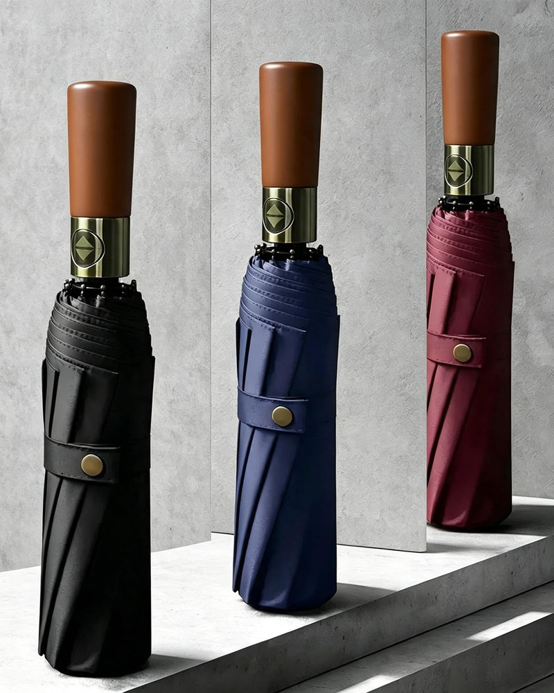 Automatic Folding Umbrella, 12 Solid Iron Main Ribs with Fiberglass Auxiliary Supports for Anti-Break Reinforcement, UPF50 Sun & Rain Portable Travel Umbrella with Wood-Look Comfort Grip Navy Blue
