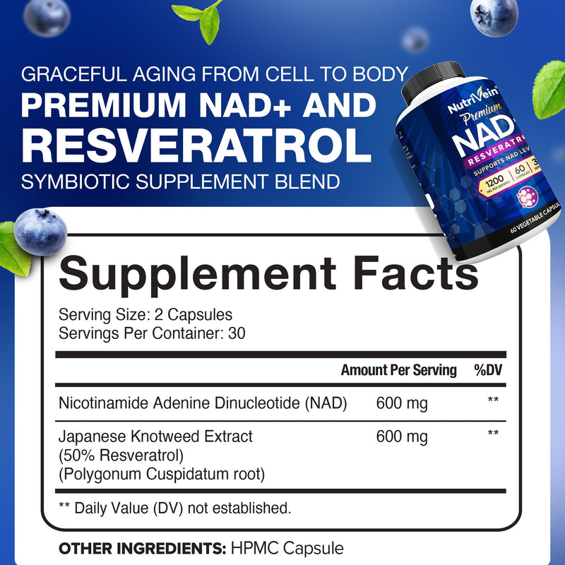 Nutrivein NAD+ Resveratrol Supplement 1200 mg - 60 Capsules, 30 Servings | Synergistic formula for men and women. Supports healthy aging, cognition, metabolism, and overall well-being. Non-GMO. Nad + Resveratrol