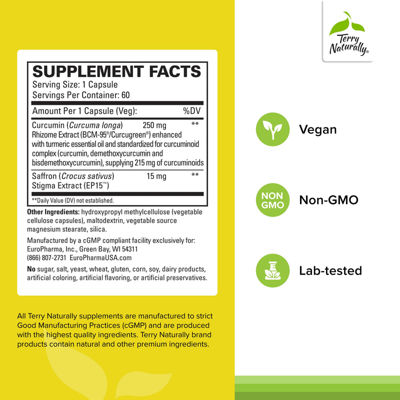 [Australia] - Terry Naturally Saffron Lift + Curcumin - Herbal Supplement with Curcumin - Non-GMO Saffron & Brain Curcumin Capsules - Concentration & Relaxation Support Supplement - 60 Capsules 