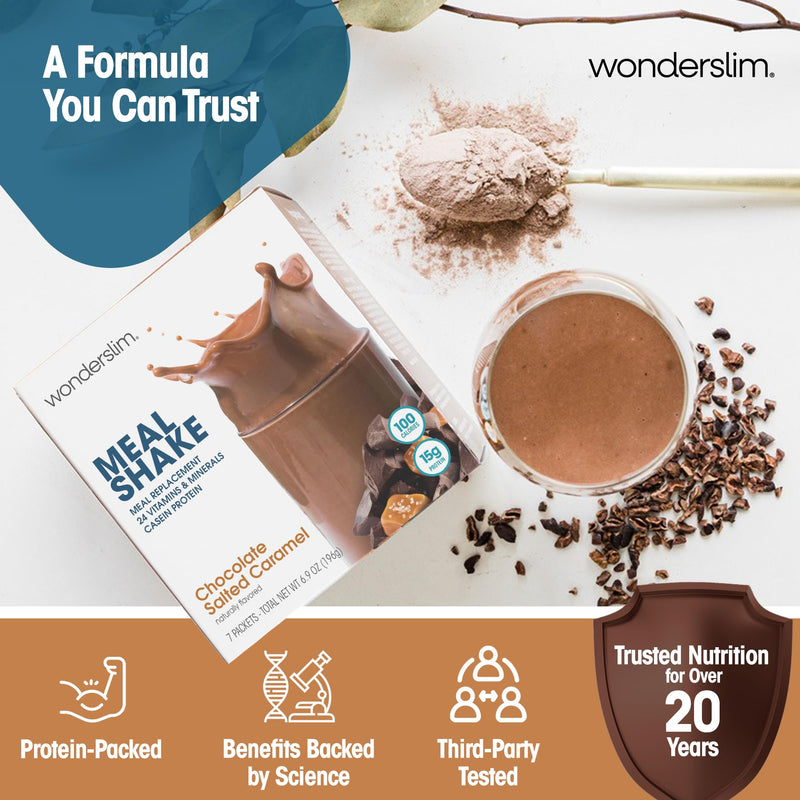 WonderSlim Protein Meal Replacement Shake – 15g Protein, 24 Vitamins & Minerals, Low Carb, Low Calorie, Gluten Free – Meal Replacement Drink for Weight Management, 7 Count Packets (Chocolate Salted Caramel) Chocolate Salted Caramel