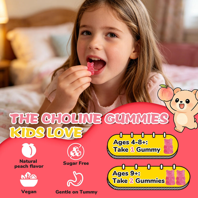 Kids Choline Gummies with Omega 3 (DHA+EPA), Phosphatidylserine for Kids & Teens 4+ with Vitamin D3, B6 & B12 for Brain Health, Focus, Immune Support, Sugar-Free, Vegan, Peach Flavor - 60 Count 60 Count (Pack of 1)