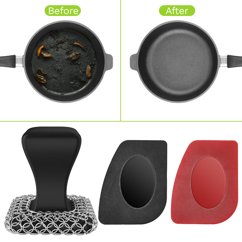 [Australia] - Cast Iron Scrubber & Scraper Kit, 316 Stainless Steel Cast Iron Skillet Cleaner Chainmail Scrubber for Cast Iron Pans Dish Scrub Brush Chain Link Scouring Pad for More Pot Cookware Cleaning Black 